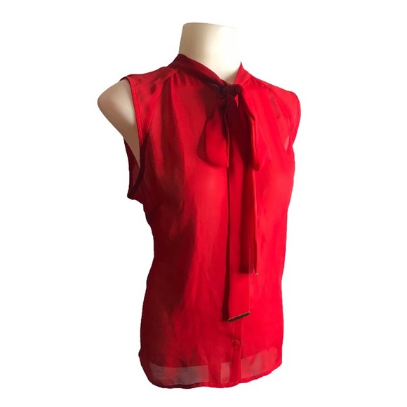Worthington | Red Sheer Neck Tie detailing sleeveless button down blouse - Picture 1 of 9